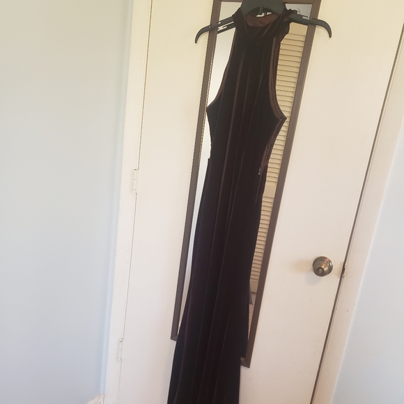 Chocolate Brown Velvet Maxi Halter Formal - Picture 7 of 9